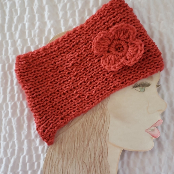 Handmade Knitted Headband Scarf Set. Coral Salmon - Picture 5 of 7